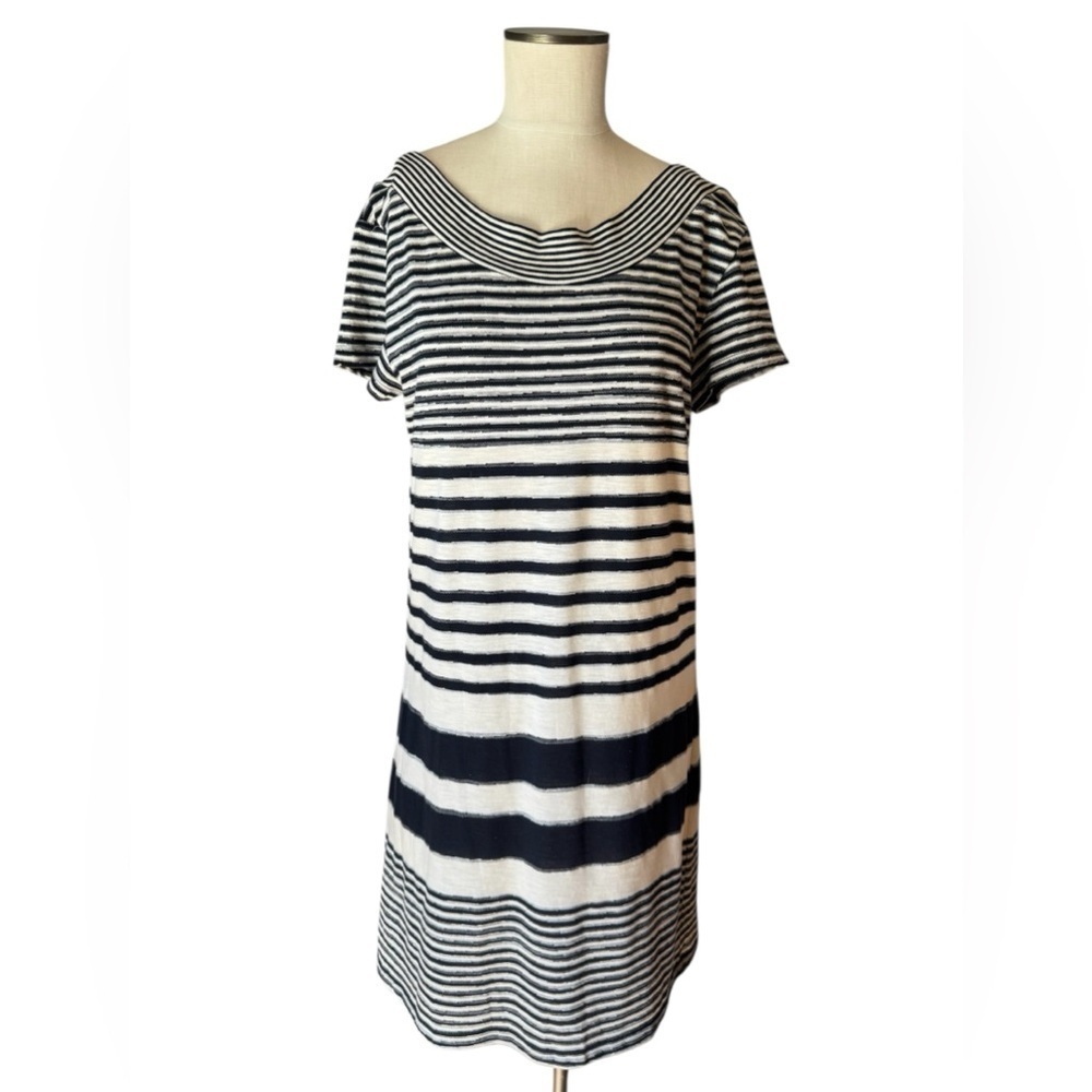 Anthropologie Maeve Haven Striped Scoop Neck Shift Dress Dark Navy Sz M